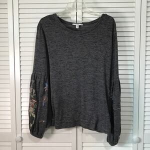 Time and Tru Charcoal Grey Round Neck Floral Long Bubble Sleeve Sweater XXL